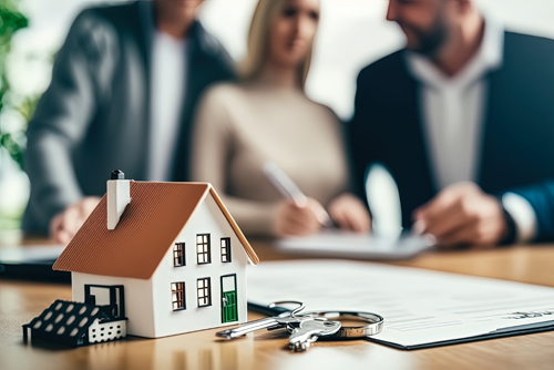 A couple in an office with a mortgage advisor signing agreement papers for a second charge mortgage